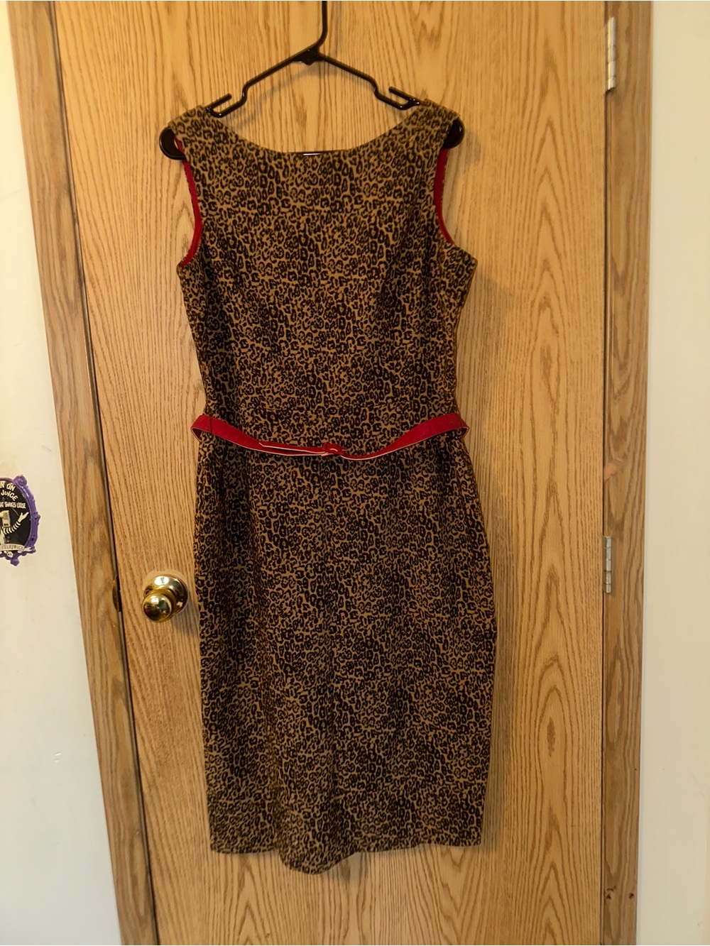 Tatyana Leopard Print Sheath Dress with Red Trim